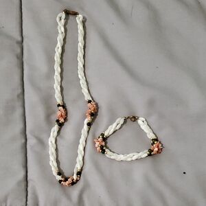 White Bead Braided Necklace and Bracelet Set with Pink Flower Accents